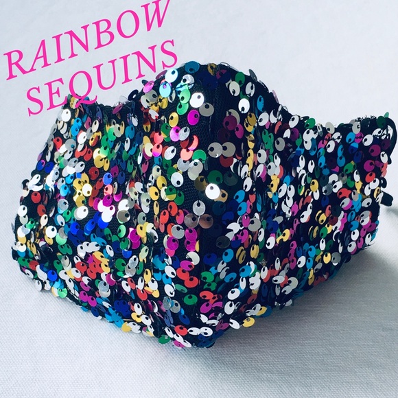 Hand Crafted Accessories - HAND CRAFTED SEQUIN FACE MASK BLING RAINBOW